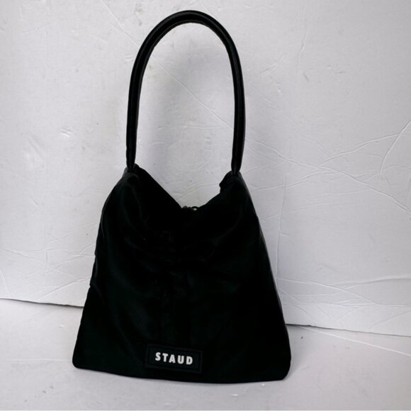 STAUD Felix Shoulder Bag Nylon Leather Trimmed Ruched Shell Tote Logo Zip Pocket - Picture 4 of 16
